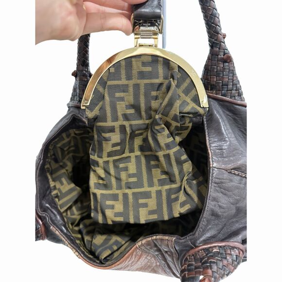 Fendi Crispe Tribal Spy Handbag Brown/Black Pebbled Nappa Leather - Picture 5 of 6